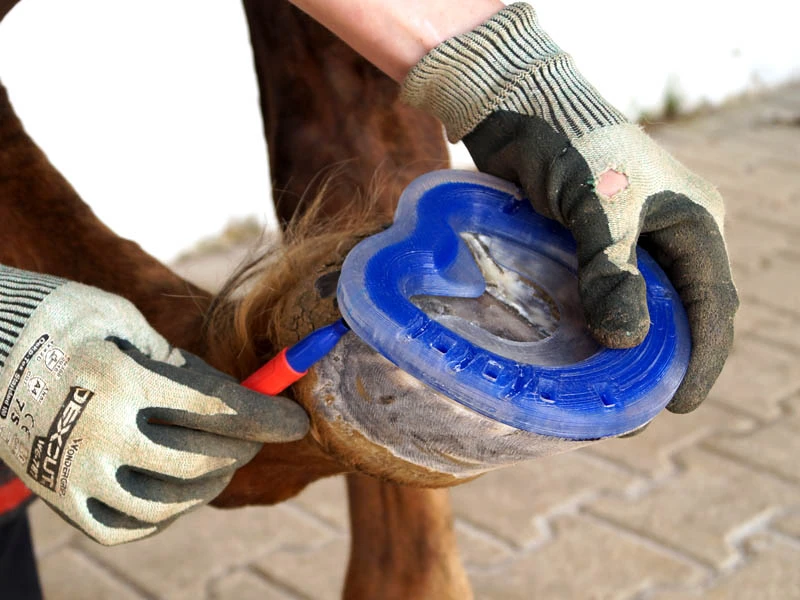 Der Hufschmied oder Hufbearbeiter zeichnet die Hufform an die Grundplatte des späteren Beklebs an. Für seinen Klebebeschlag wverwendet er den blueline® evo! Kombi-Hufbeschlag von Wolf Busch®.