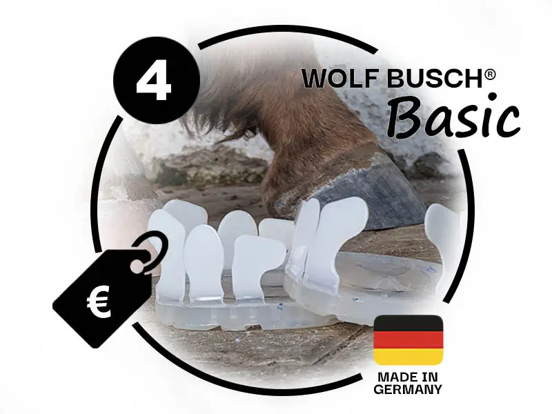 Image de présentation des nouvelles manchettes Basic pour coller un fer à cheval. Trois icônes montrent la taille 4, un prix avantageux et 'Made in Germany'.