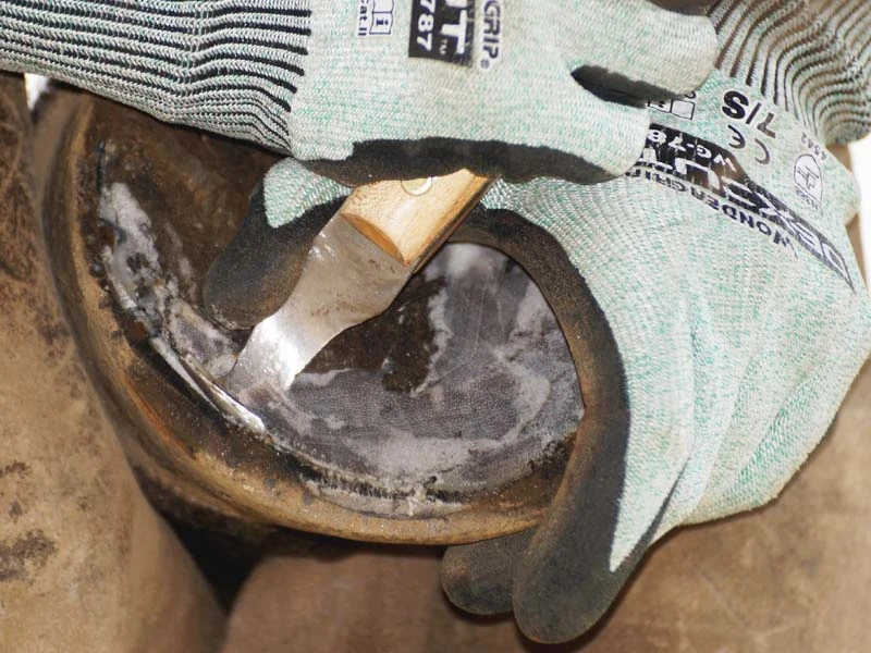 La foto muestra un casco; la legra está posicionada sobre la suela del casco y se observa cómo se elimina algo de material.