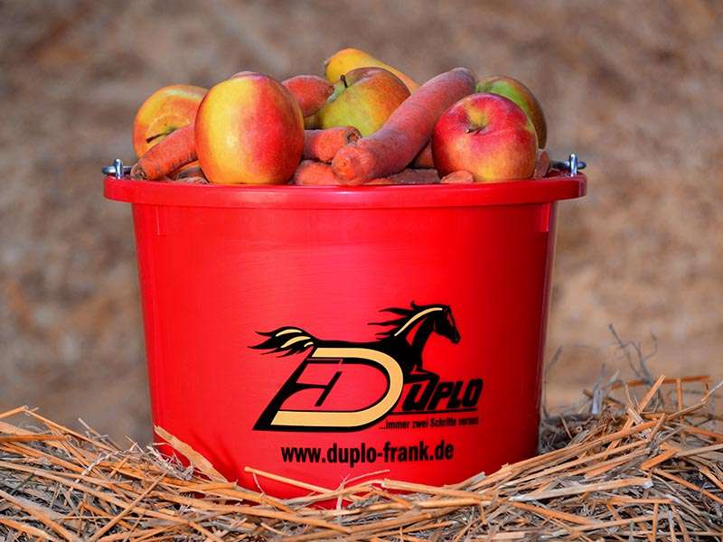 Un cubo de alimentación rojo para caballos se encuentra en el heno, lleno de manzanas y zanahorias.