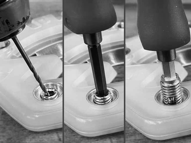 Three steps to remove the thread plug: clean the hexagon socket with a masonry drill bit, unscrew the thread plug, and clean the thread with the thread cleaner.