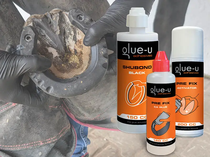 In the background, a farrier is gluing a GluShu onto a horse's hoof – in the foreground, the individual PRE FIX system products for faster pre-fixation of the GluShu glue-on shoe are shown, along with a cartridge of SHUBOND acrylic adhesive.