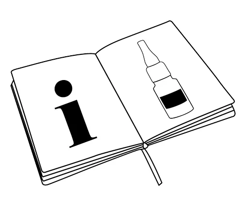 Un livre ouvert avec une icône d’information et un flacon de colle - une indication renvoyant à un mode d’emploi et à des informations de sécurité.
