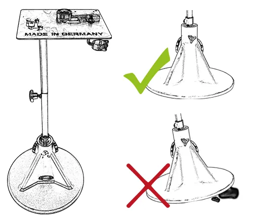Illustration indiquant que le trépied de maréchalerie doit être placé sur une surface stable et ferme afin de garantir une utilisation sûre du dispositif de soudure.