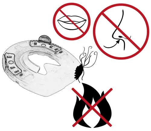 Illustration avertissant que le plastique ne doit pas être chauffé jusqu’à brûler, car cela peut produire des vapeurs dangereuses.