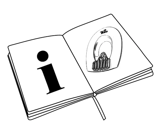 Un livre ouvert avec une icône d’information et une semelle synthétique pour fers à cheva l- une indication renvoyant à un mode d’emploi et à des informations de sécurité.