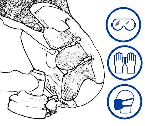 Retrait des résidus de colle sur la manchette adhésive avec la meuleuse d’angle. Une protection des yeux, des mains et des voies respiratoires doit être portée pour la sécurité personnelle, car la poussière de ponçage de la colle est nocive pour la santé.