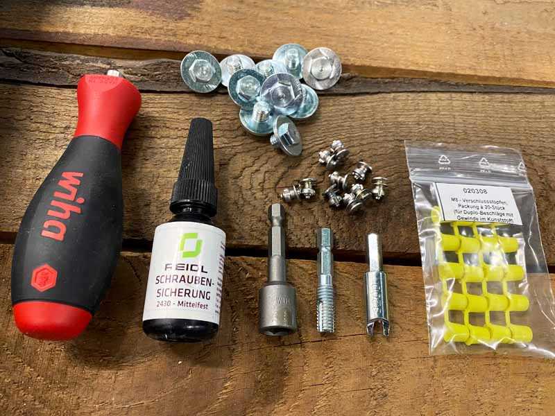 Studs, spikes, closing plugs and tools for the application of the grip equipment