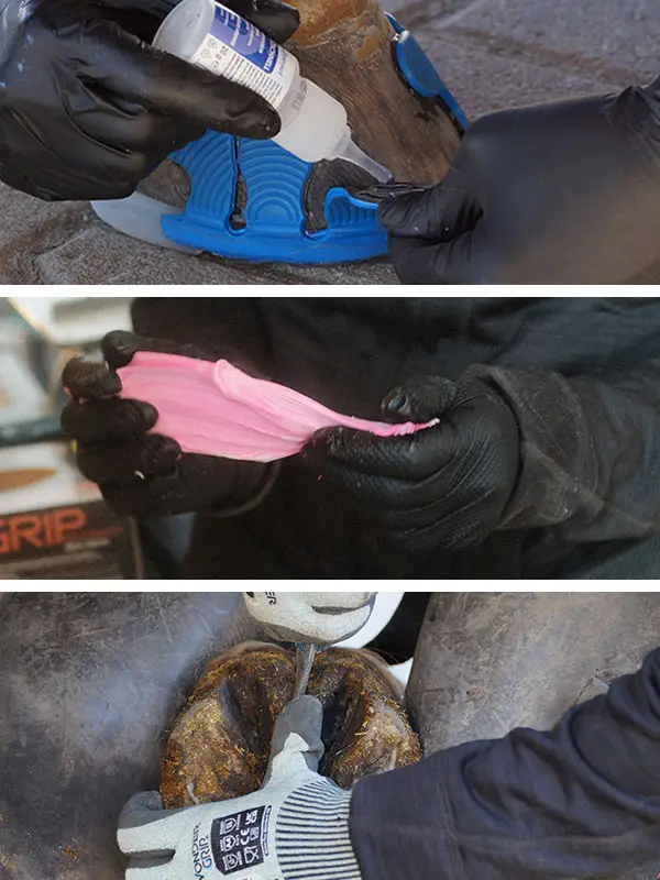 L'immagine è suddivisa in tre parti e tratta la protezione delle mani durante la ferratura — durante l’applicazione di adesivi sullo zoccolo, la manipolazione del materiale di imbottitura e il taglio con il coltello da zoccoli.