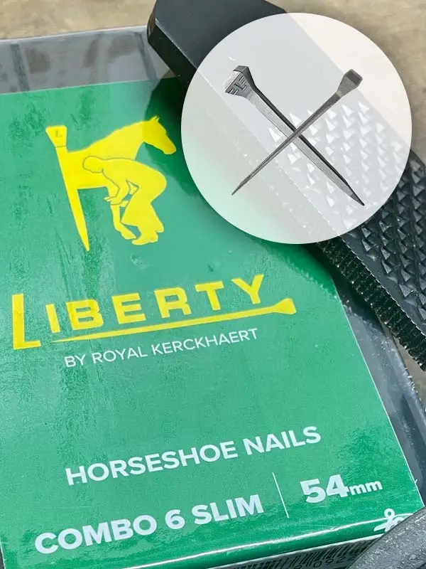 Immagine dei chiodi Combo Slim Liberty di Royal Kerckhaert, confezione verde e dettaglio di una raspa per zoccoli