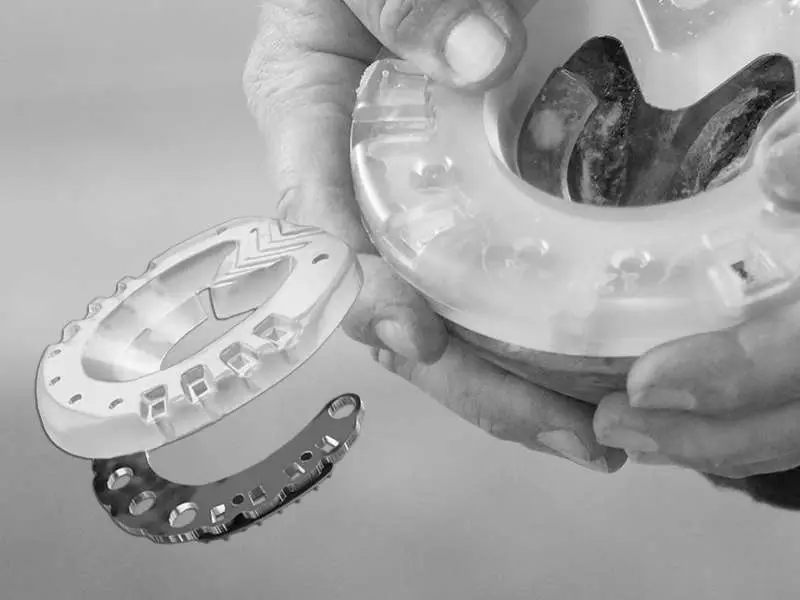 Il maniscalco controlla l'adattamento del ferro di cavallo composito allo zoccolo del cavallo. Un diagramma illustra la struttura del ferro di cavallo composito. È possibile vedere l'anima in metallo e il rivestimento in plastica.
