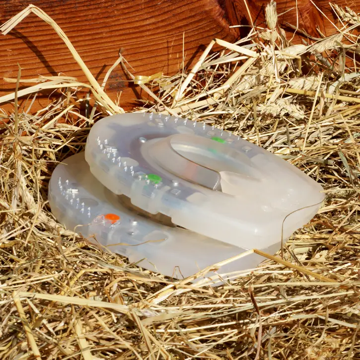 Nailless Standard and Extra compared – one horseshoe of the softer and one of the harder version, identifiable by orange and green dots, lying in straw.