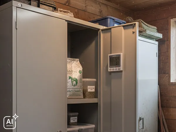 Metal shelving in a horse stable with feed and feed supplements for horses, stored in various containers, with a thermometer mounted on the wall.