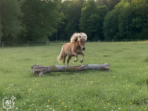 A pony jumps over a tree trunk in a green meadow, surrounded by flowers and trees in the background.
