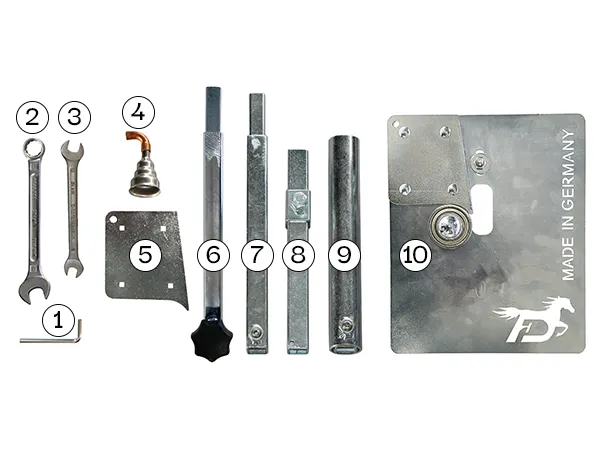 Llave hexagonal, llave combinada, llave de doble boca, boquilla reductora, espaciadores, tubo cuadrado con mango roscado, extensión de tubo cuadrado, tubo cuadrado ajustable para yunque, tubo para trepié, placa de soldadura
