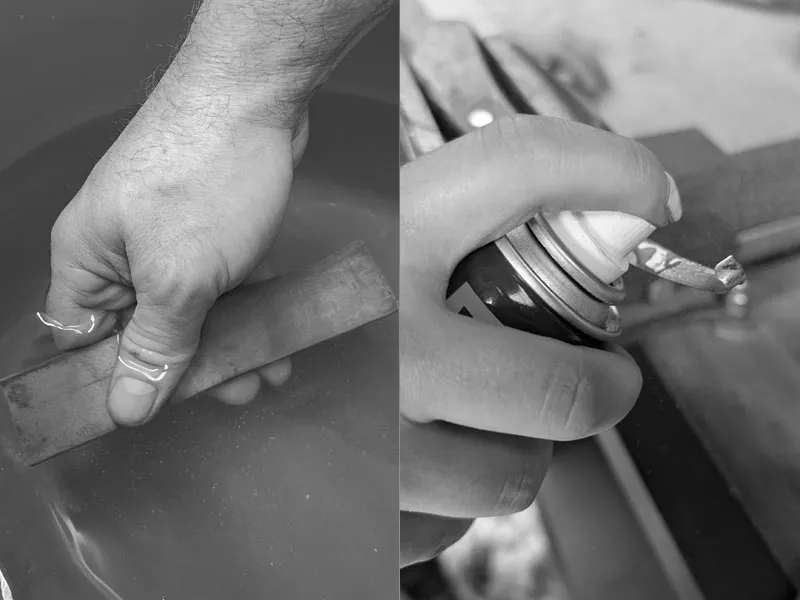 Image comparative : une pierre à affûter est plongée dans l’eau, une rénette est préparée avec de l’huile – préparation pour l’affûtage avec pierre à eau ou pierre à huile.